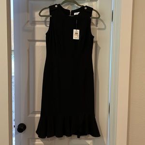 NWT Calvin Klein black ruffle bottom gold zipper sleeveless dress size 2